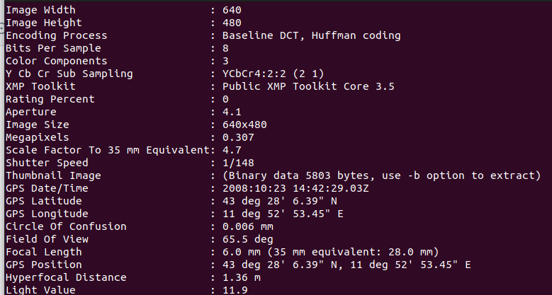 EXIF data example.